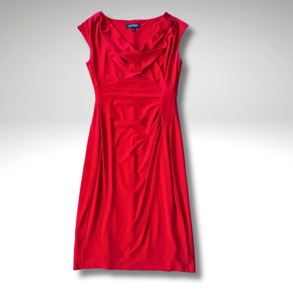 Lauren Ralph Lauren Red Draped Cowl Neck Ruched Waist Sheath Midi Dress 4